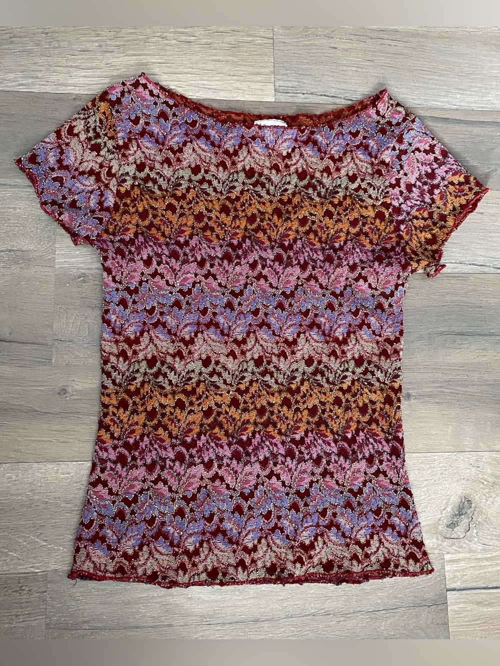 Vintage 90s A'gaci Too Multicolor Floral Lace Short Sleeve Boat Neck Top